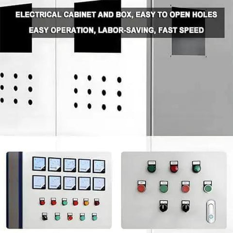 Electrical cabinet with control panels and perforated metal, illustrating the use of an Electric Hydraulic Hole Punch Kit With Six Dies