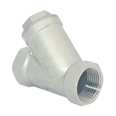 Megairon 1 in WYE strainer valve with female NPT threads in stainless steel body