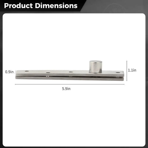 Side view of Hidden Bookcase Door Pivot Hinge System for Wood Doors 4 Pack showing dimensions, stainless steel material, and pivot shaft.