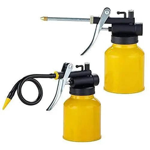 Professional 8 Oz Hand Pump Oil Can With Metal Construction And Long Flexible Spout for precise lubrication in workshops, yellow body