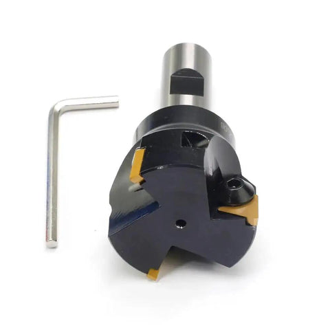 Indexable Carbide End Mill Workhorse With Three Quarter Inch Shank And Two Inch Cutting Diameter Ninety Degree Tool Three Flutes Three Piece Tin Coated Inserts TPCN32PDTR For High Speed Milling And Long Tool Life shown with hex wrench