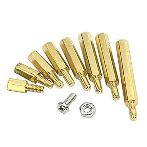280 Piece M2.5 Brass Straight Knurl Standoff Spacer Set With Stainless Steel Screws And Nuts Assorted Kit, close-up view