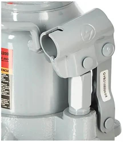 Close-up of Beefy 20 Ton Hydraulic Bottle Jack With Steel Lifting Saddle, Extension Screw, Bypass System And Heat Treated Stress Areas.