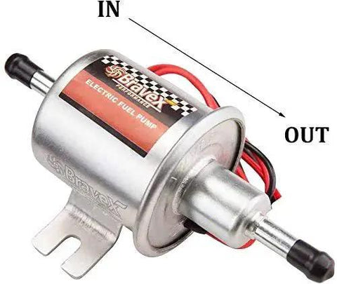 Universal 12V Inline Fuel Pump Low Pressure 2.5 To 4 PSI For Gas And Diesel HEP-02A with input and output labeled