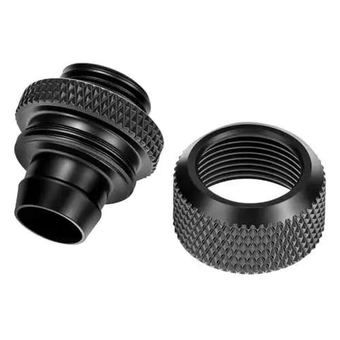 Black chrome brass Six Pack Copper Compression Fittings for Water Cooling Systems, side view, showing texture and thread details.