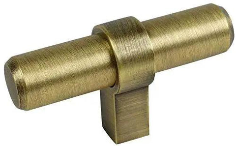 Close-up of a brushed antique brass cabinet bar handle from 10 Pack Brushed Antique Brass Cabinet Bar Handles Pull Knobs For Kitchen And Bathroom Cabinets 2-3/8 Inch Long With Solid Steel Construction 0.69 Inch Wide 1/2 Inch Bar Diameter 1-5/16 Inch Projection Includes 1 Inch Mounting Screws.