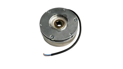 Forklift electromagnetic brake unit; round metal housing with central bore and attached wiring.