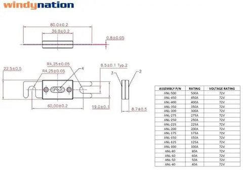 Technical diagram of Beefy ANL Fuse Holder With Two 200A Fuses, dimensions and ratings for RV Boat Truck Electrical Systems and Power Upgrades