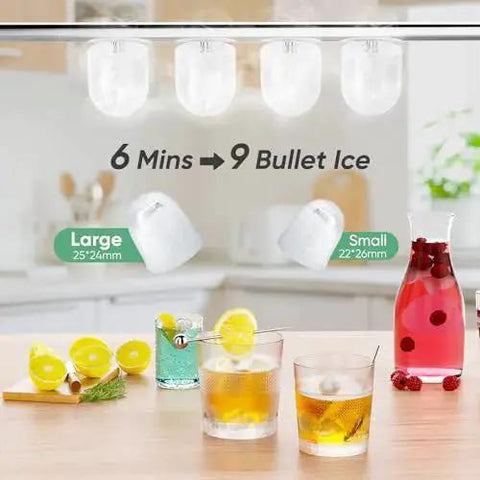 Portable Countertop Ice Maker With Handle 26 Lbs 24H 9 Bullet Ice In 6 Minutes producing bullet ice in kitchen setting