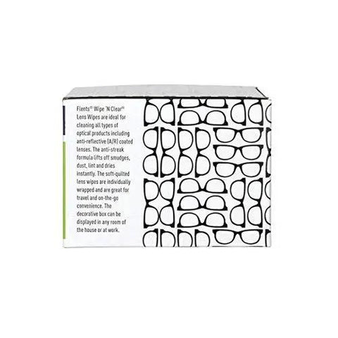 Box of pre moistened lens wipes for glasses and sunglasses, streak free and travel ready, featuring eyeglass pattern design.