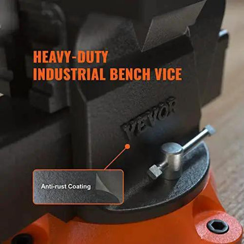Close-up of Versatile 6 Inch Bench Vise With 360 Degree Swivel And Anvil VEVOR Heavy Duty Ductile Iron showing anti-rust coating