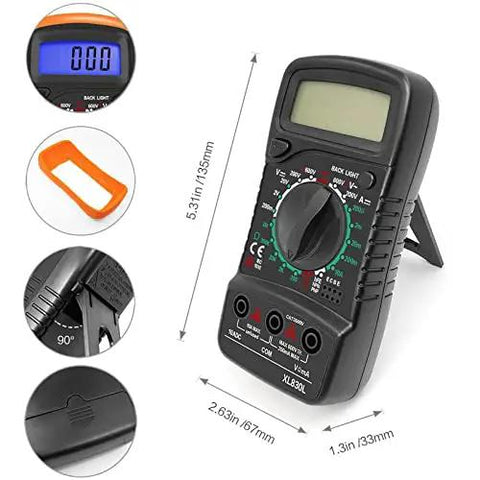 All In One Digital Multimeter Voltmeter Kit With LCD Display For AC DC Voltage And Current, Resistance, Continuity, Diodes, Battery Test, And Included Test Leads, displayed with LCD screen and test lead inputs.