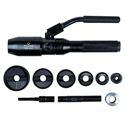 Lightweight Tuff Hydraulic Knockout Punch with Swivel Head and Type C Punch Die Set, includes various round punches and tools.