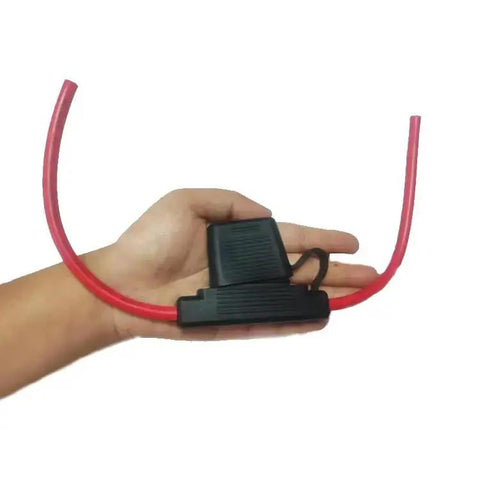 Hand holding Waterproof Maxi Inline Fuse Holder With 8 AWG Wire 15.8 Inch Length Fits Maxi Fuses Up To 100A 12V DC IP67