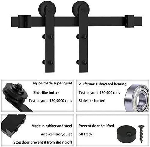 Sliding Barn Door Hardware Kit With I Shape Antique Rollers And Straight Track In Black Frosted Finish Supports Single Wood Doors Up To 105kg. Features nylon super quiet rollers and lifetime lubricated bearings.