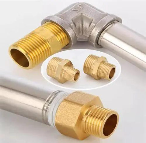 Reducing Hex Nipple Adapter One Half Inch NPT Male To Three Eighths Inch NPT Male Brass Pipe Fitting Reducer Connector with fittings on pipes