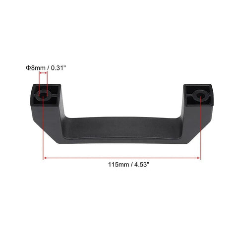 Plastic Pull Handles 115mm Hole Centers for Luggage and Mechanical Equipment 4 Pack, black durable hard plastic with measurements.