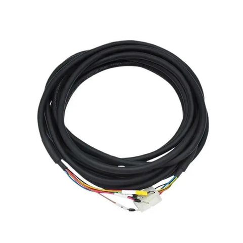 Servo motor power cable with holding brake, 20m drag-chain type, black jacket, multi-color wires and white connectors.