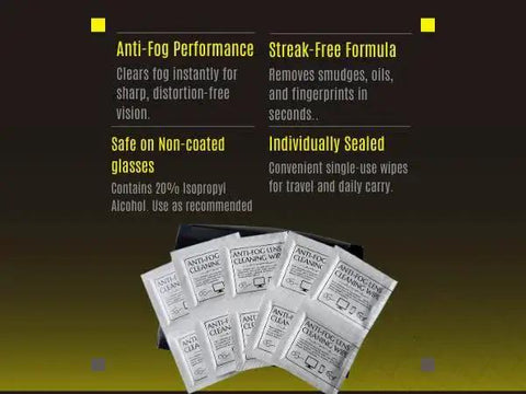 Anti Fog Eyeglasses Cleaning Wipes And Microfiber Cloth For Glasses Screens packaging displaying features like anti-fog and streak-free formula.