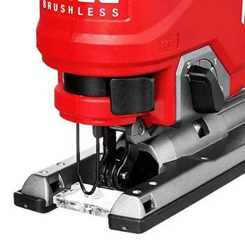 Close-up of Beast Cordless Jigsaw With D-Handle, M18 FUEL Bare Tool, 10T Metal Blade, red Milwaukee tool for cutting on various materials.