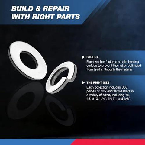 Stainless steel lock and flat washers, two pieces shown, used to prevent loose fasteners.
