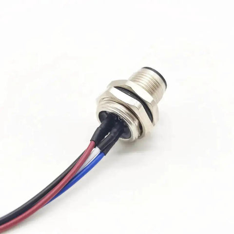 Five Pack M12 4 Pin A Code Male Connector Cable for IP67 Back Mount, unshielded straight socket, metal and wire close-up view.