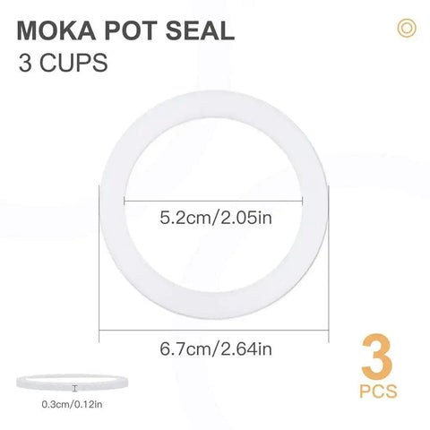 Image showing Six Pack Food Grade Silicone Gasket Rings Replacement For Aluminum Stovetop Coffee Makers And Moka Pots Three Cup Size Durable Seal For Leak Proof Brews And Easy Cleaning with measurements.