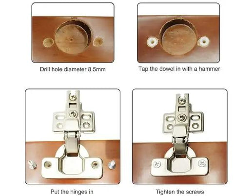 Installation steps for 8mm Plastic Hinge Dowel Inserts with Screws showing drilling, tapping dowels, placing hinge, and tightening screws.
