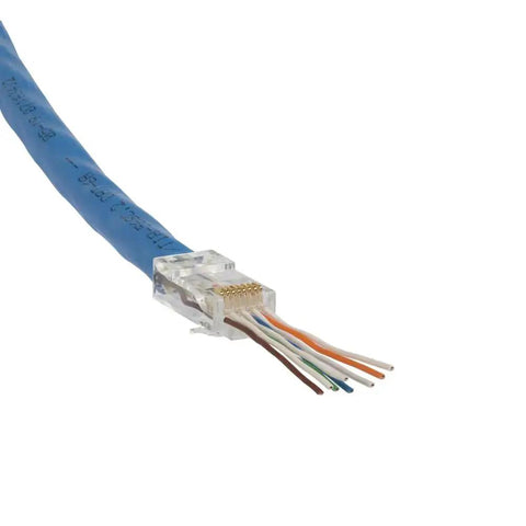 Close-up of a Modular Data Plug for CAT6A and thicker CAT6 cables with fast pass-thru install, showing wire alignment in clear connector.