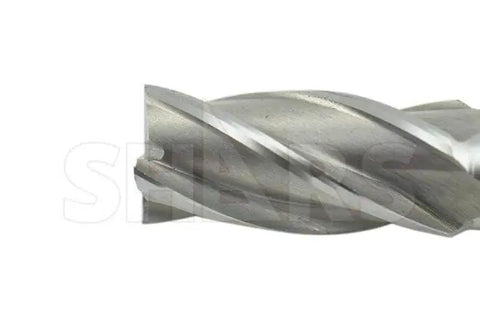 Close-up of Seven Eighths Inch HSS Four Flute End Mill Center Cutting For Metalworking With Three Quarter Inch Shank Single End Right Hand Spiral Shars