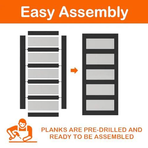 Diagram showing easy assembly of 48 Inch By 84 Inch 5 Lite Tempered Frosted Glass Sliding Barn Door with parts and tools.