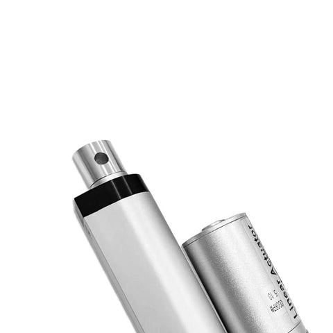 Close-up of 2 Inch Stroke 12V Electric Linear Actuator By Aflle 225 Lbs Load Capacity IP55 Waterproof Aluminum Silver Body