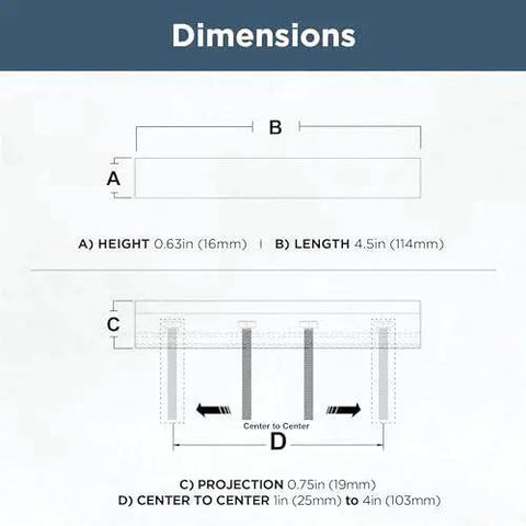 Dimensions diagram for Champagne Bronze Cabinet Handles 5 Pack Adjustable Drawer Pulls, showing height, length, projection, and hole centers.