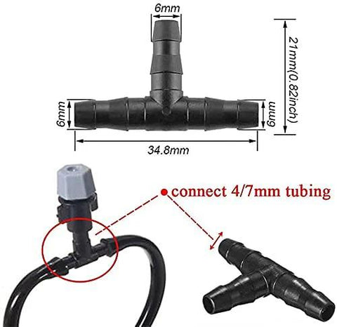 Barbed irrigation T-connector for 4/7 mm tubing, black plastic, 34.8 mm long