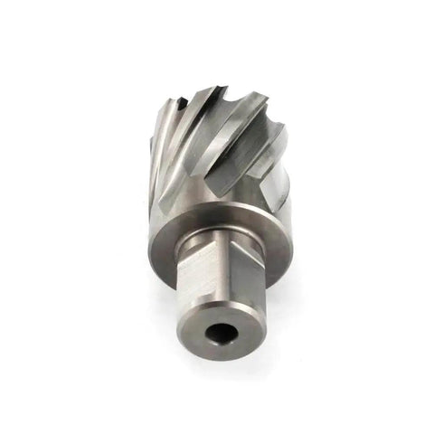 One And One Quarter Inch Annular Cutter For Magnetic Drill Press With Three Quarter Inch Weldon Shank Two Flats And Pilot Pin Cutting Diameter One And Quarter Inch Depth Of Cut One Inch Delivers Up To Ten Times Faster Holes In Steel OSCARBIDE, front view