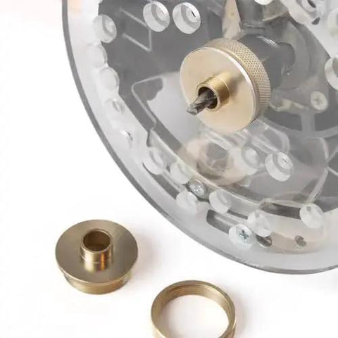 Brass Router Template Bushing Set 10 Piece With 8 Guide Bushings And 2 Lock Nuts For Precise Template Routing assembled on base