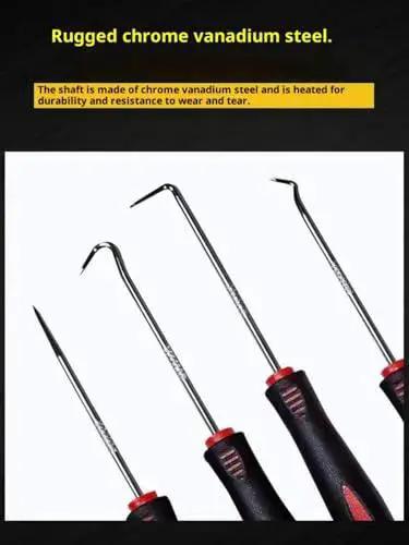 4 Piece Automotive Pick Tool Set For Oil Seal And Gasket Removal Precision Steel Hooks With Ergonomic Non Slip Grips, close-up