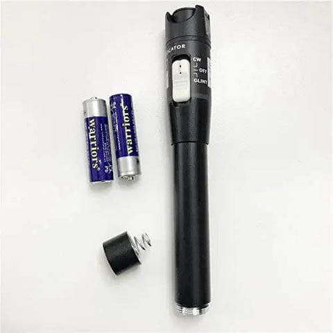 50mW VFL Fiber Optic Visual Fault Locator Pen for Long Range Testing with batteries on white background