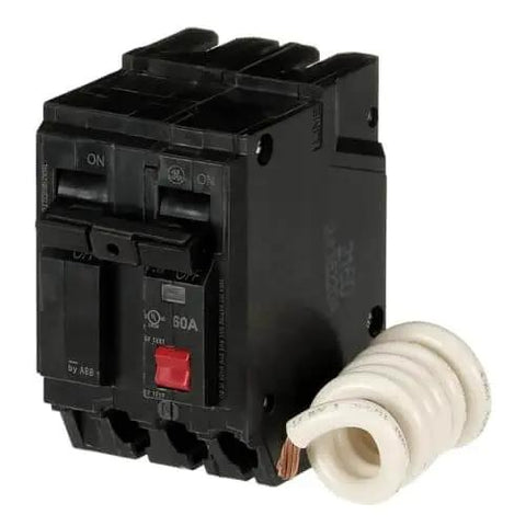 60 Amp Double-Pole Ground Fault Circuit Breaker with Self-Test, GFCI Safety Unit, Model THQL2160GFT2P, front view with coiled wire