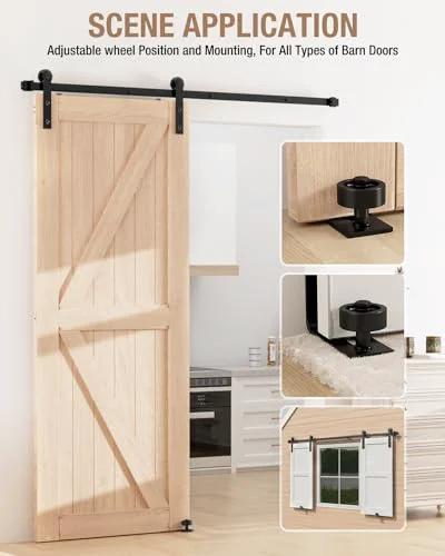 Flush Floor Sliding Barn Door Roller Guide Set With Wall Mounted Hardware installed on a wooden barn door