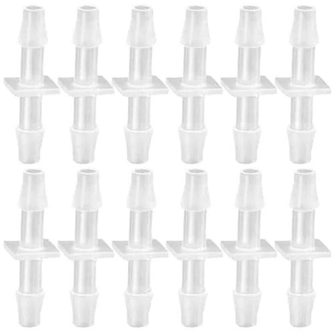 Twelve white plastic hose barb fittings, 1/8 in ID, barbed ends; for water and air tubing, aquarium use (pack of 12)