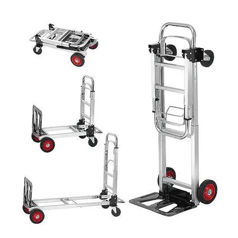 Aluminum folding hand trucks, set of 4 with red wheels in different configurations