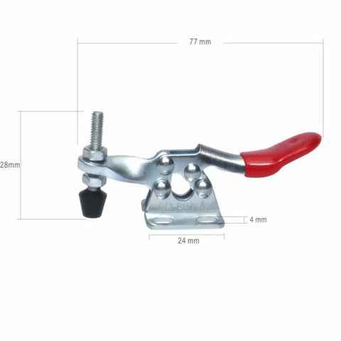 Side view of a 4 Pack Small Horizontal Toggle Clamps With 60 Lb Holding Power For Woodworking And Metalworking, red handle visible.
