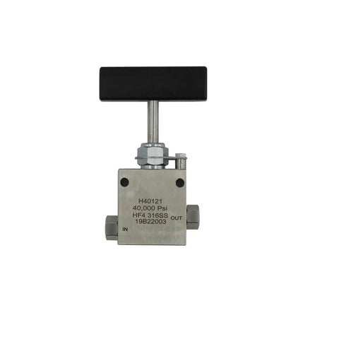Front view of Ultra High Pressure Needle Valve 60,000 PSI SS316 Hand Operated For Gas And Water, 9/16 Inch Tube Connection.