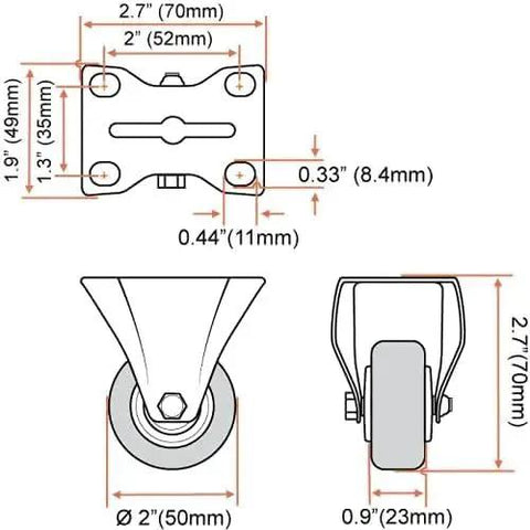 Technical diagram of 2 Inch Caster Wheels 12 Pack 6 Rigid Non Swivel Fixed Casters And 6 Swivel Plate Casters for furniture and carts