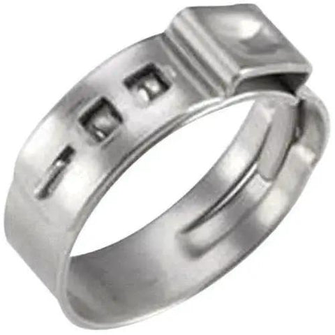 Stainless steel half inch clamp ring for PEX and PE RT pipes, part of 100 pack, shown in detail for leak-free plumbing connections