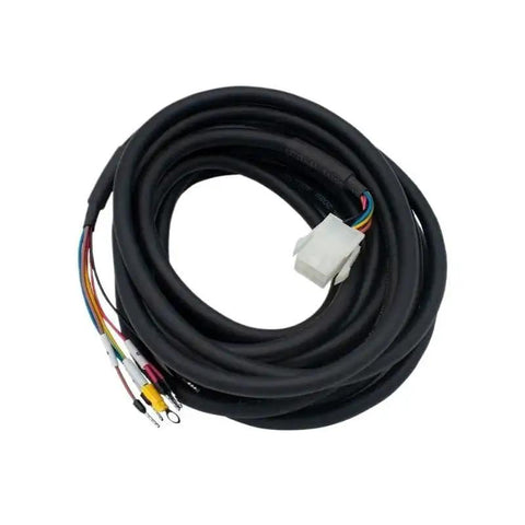 Servo motor power cable with black sheath and multi-color wires ending in white plastic connector