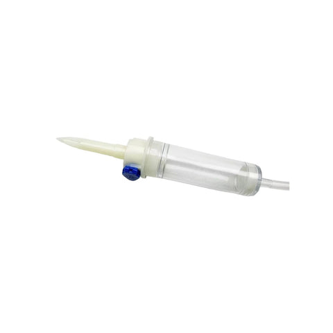 IV extension set with clear tubing and blue screw-cap connector for veterinary use