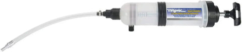 Side view of 1.5 Liter Fluid Evacuator And Dispensing Syringe With Twist Valve ATF Adapter, featuring transparent chamber and nozzle