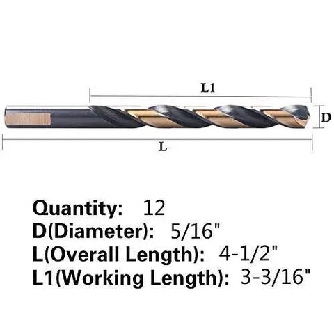 12 Piece Black And Gold Coated Cobalt Drill Bits Set Five Sixteenth Inch Twist Bits In M2 High Speed Steel diagram